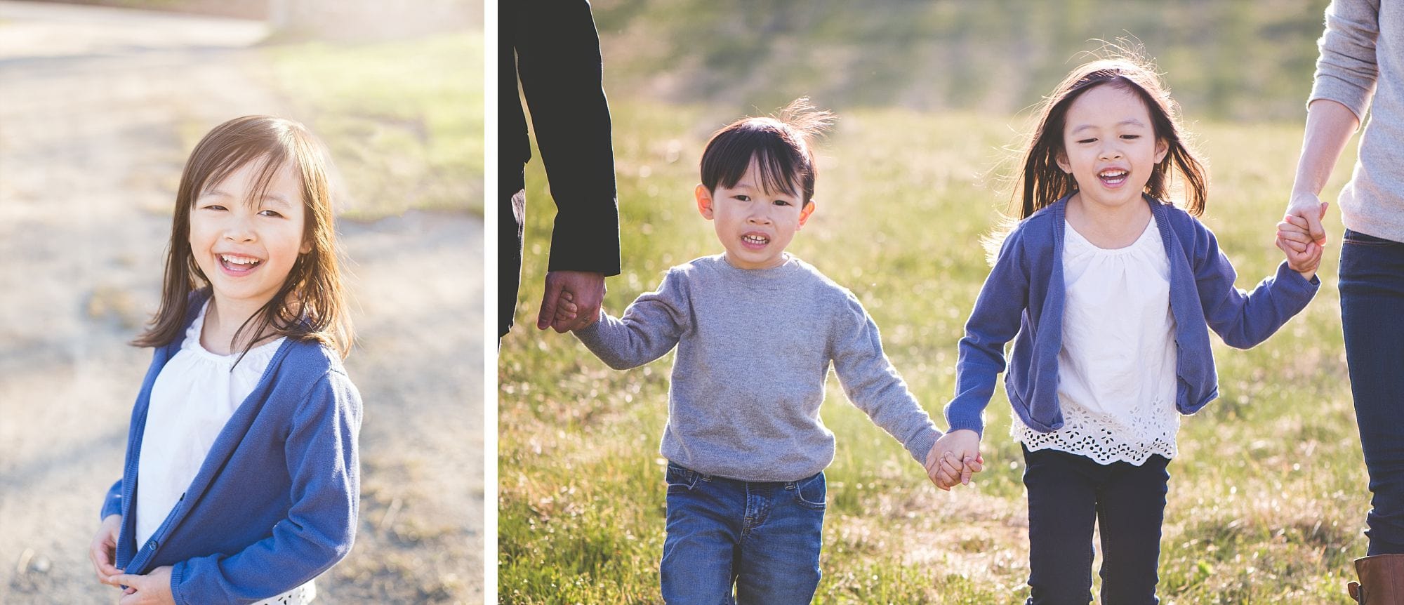 Outdoor photo of 2 kids holding hands with parents in a field