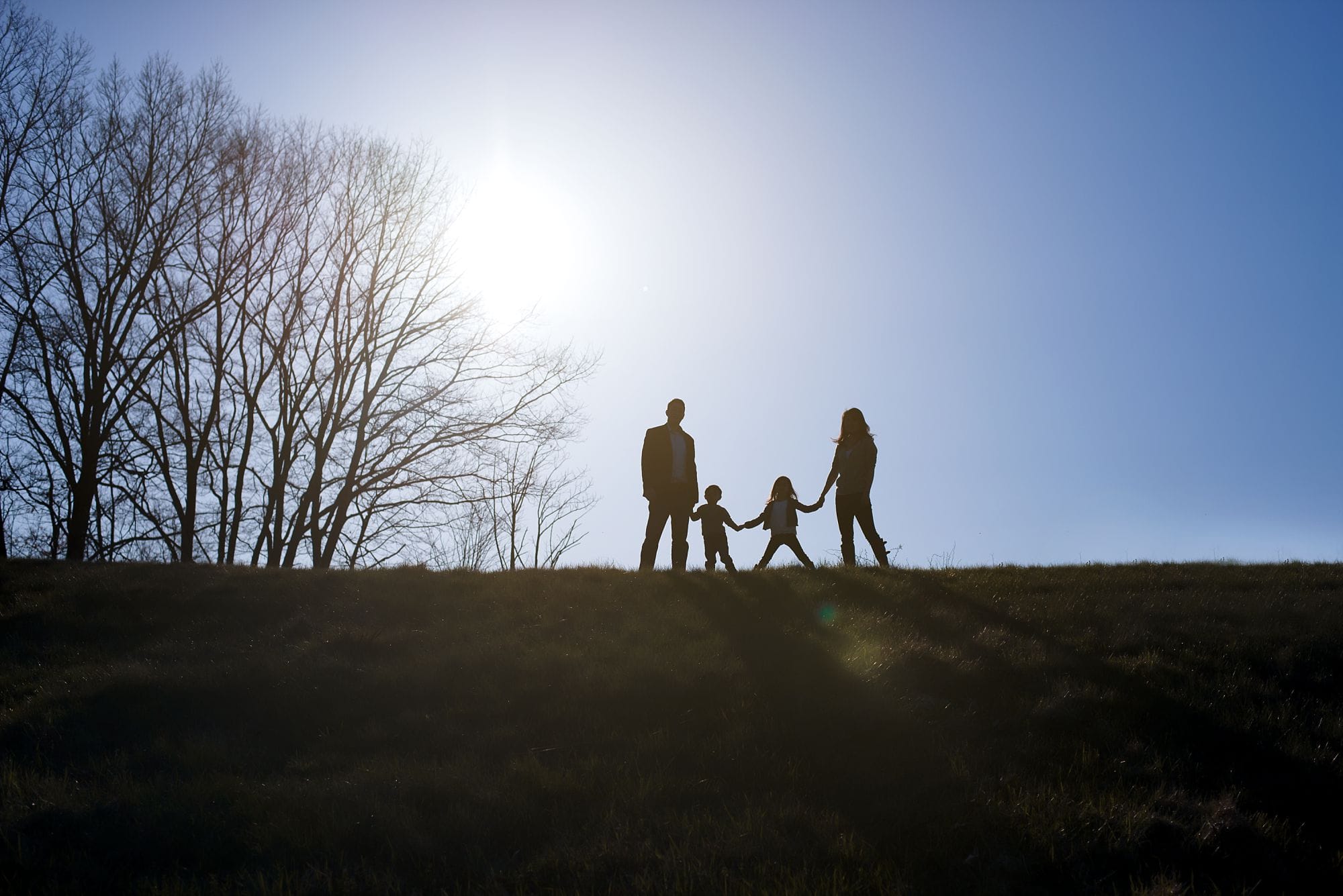 Silhouette photo of a family of 4 holding hands on a hill in Massachusetts