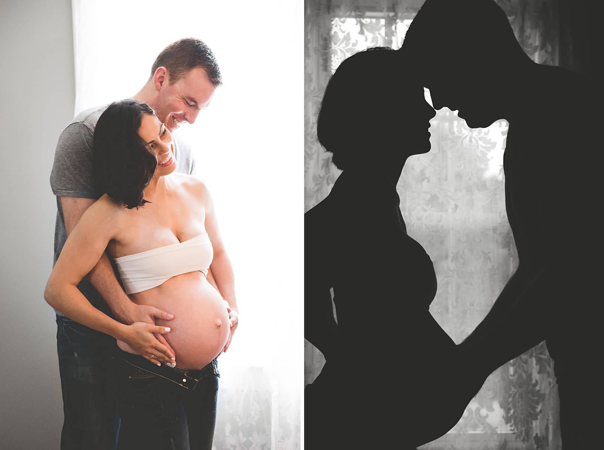 Couple maternity picture with husband and wife with a silhouette and a color pose in a collage