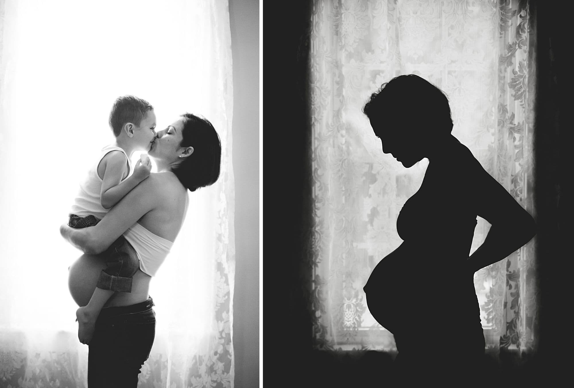 Black and white maternity portraits with mother and son and a silhouette