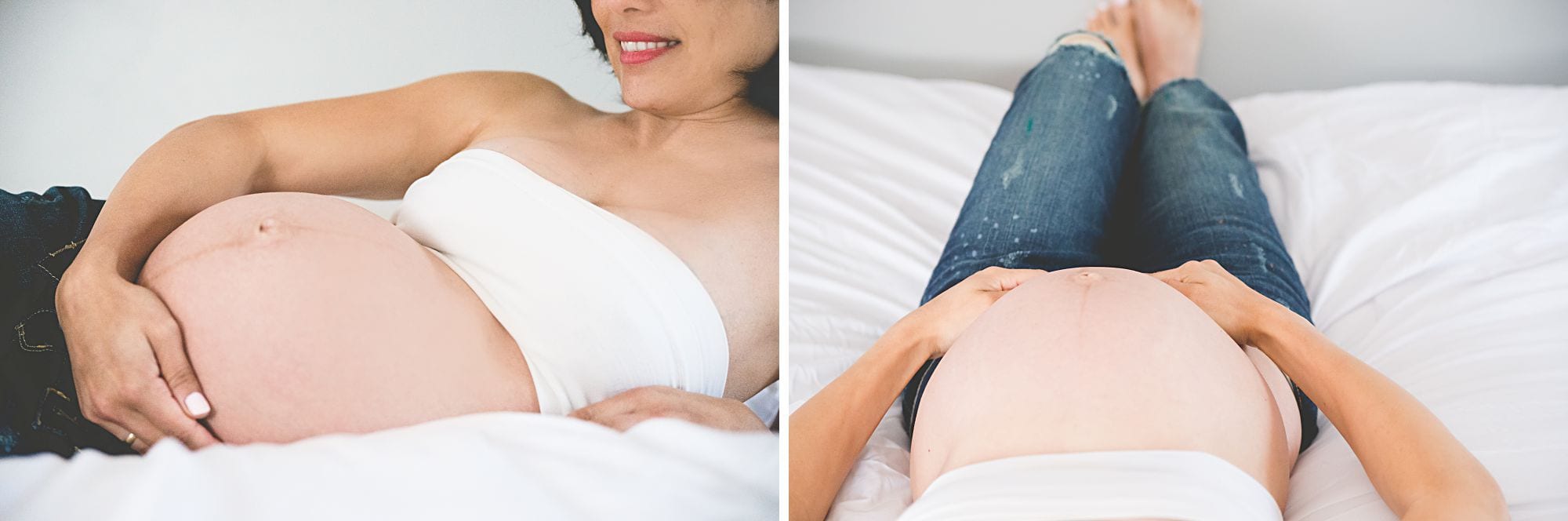 Maternity photo styled with blue jeans and a white bandeau top on a white bed with a detail up close photo