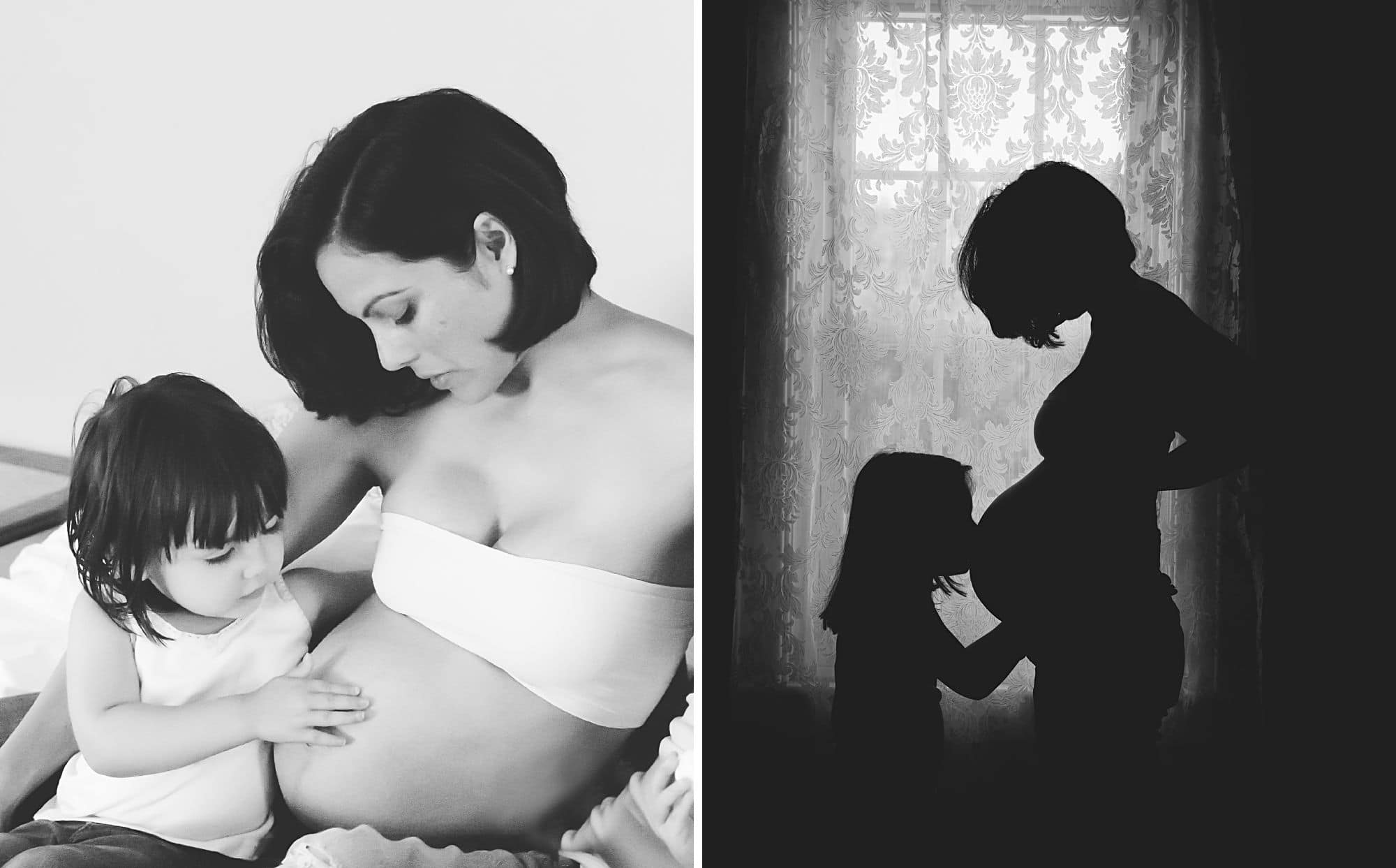 Mother and daughter maternity collage with silhouette and studio style in black and white