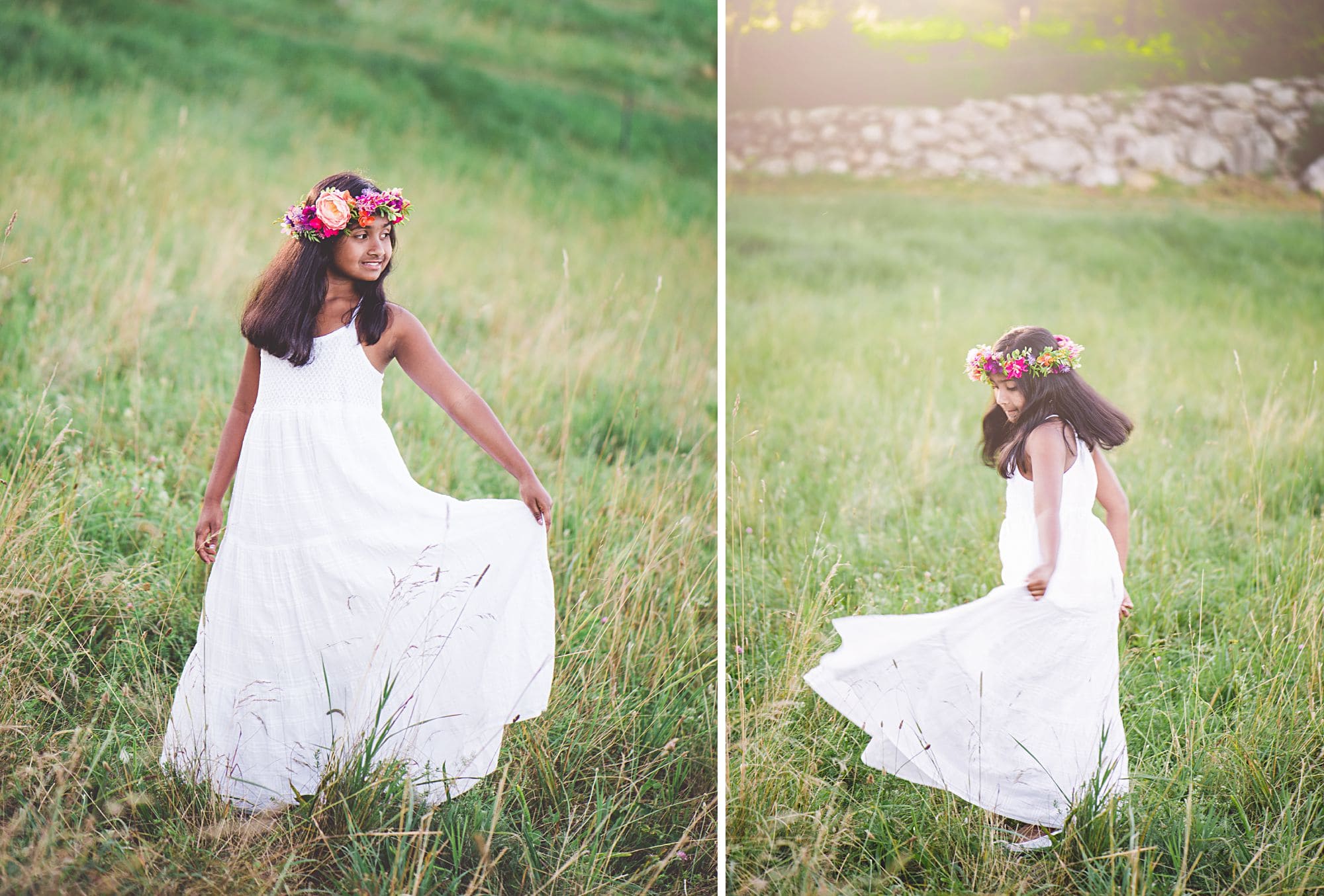 Tween girl dancing in a sunny field with a white dress and flower crown